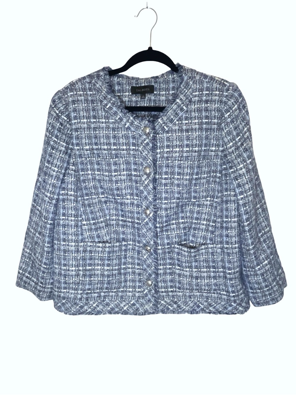 Talbots blue tweed lady jacket blazer with a silver tone button front - Picture 3 of 8